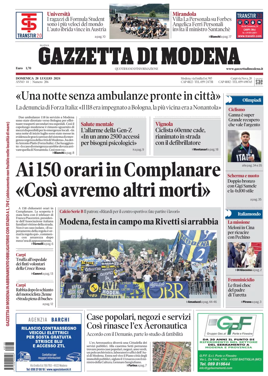 Prima-pagina-gazzetta di modena-oggi-edizione-del-2024-07-28